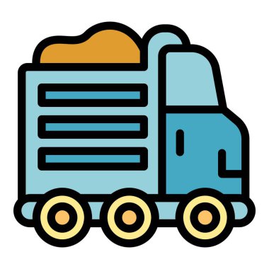 İnşaat alanında kum taşıyan büyük bir kargo kamyonu, renkli ikon çizimi