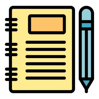 Boş sayfası ve mavi kalemi olan sarı bir not defterinin basit simgesi, eğitim veya ofis tasarımı için ideal.