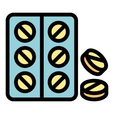 Bu vektör illüstrasyonunda, ilaç ürünlerini ve sağlık hizmetlerini temsil eden yuvarlak haplardan oluşan bir paket yer alıyor.