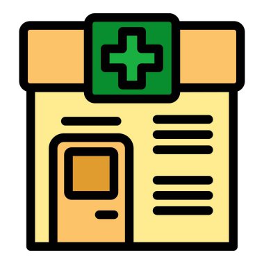 Bir eczane binasının dış cephesinde yeşil çarpı işareti olan karikatür vektör ikonu çizimi