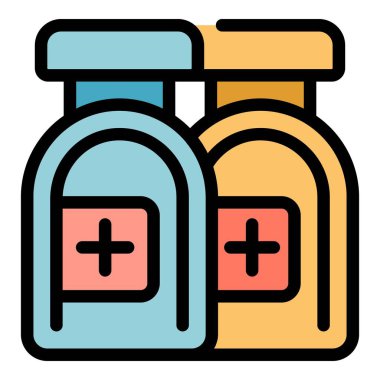 İki tıbbi şişe yan yana duruyor. Üzerinde ilaç ya da tedaviyi simgeleyen çapraz semboller var.