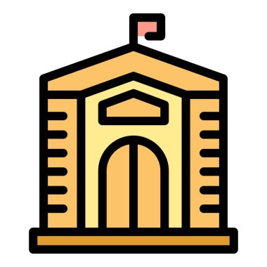 Üzerinde bayrak olan bir okul binasının basit bir çizimi, eğitimle ilgili konuları temsil etmek için mükemmel.