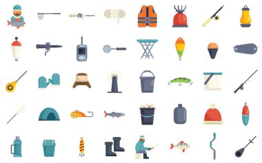 Balıkçılık için büyük renkli ikonlar, çeşitli ekipman ve teçhizatla balık tutan bir balıkçıyı gösteriyor.