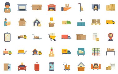 Bu resim teslimat hizmetleri, lojistik ve malların taşınması ile ilgili çeşitli simgeleri gösterir