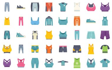 Bu vektör simgeleri koleksiyonunda renkli spor giyim kıyafetleri çeşitliliği sunuluyor