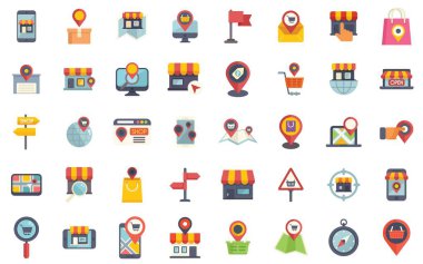 Çevrimiçi alışveriş ve perakende satış yeri, teslimat ve küresel ekommersi temsil eden renkli düz vektör simgeleri kümesi