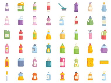 Bu renkli ikonlar seti temizlik ürünleri için kullanılan çeşitli şişe ve kapları sergiler, temizliğin önemini vurgular
