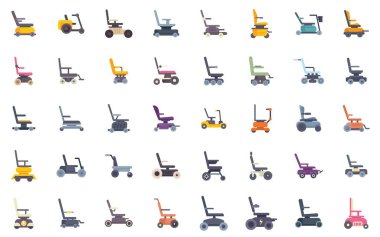 Bu elektrikli sandalye ikonları, engelliler için ulaşılabilirlik ve bağımsızlığı vurgulayan çeşitli hareket yardımlarını temsil etmektedir.