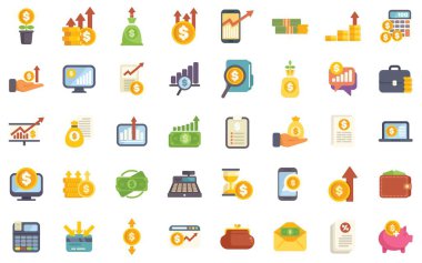 Bu, finans, yatırım, iş, para, kredi ve tasarrufları temsil eden bir dizi düz dizayn ikonu