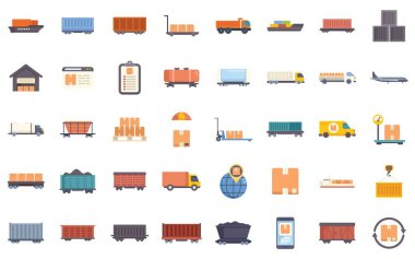 Bu vektör illüstrasyon seti kargo taşımacılığı, nakliye ve küresel ticaret gösteren çeşitli lojistik ve dağıtım simgelerini içerir.
