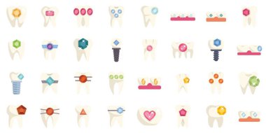 Modern stomatoloji teknolojilerini kullanarak değerli taşlar ve kristallerle diş dekorasyonunun farklı yollarını gösteren diş mücevheri ikonları.