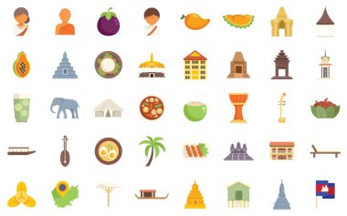 Discover cambodia with this vibrant set of icons representing its rich culture, from delicious cuisine and ancient temples to traditional music and the warmth of its people clipart