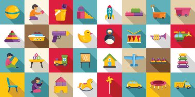 Çocuk oyun odası simgeleri ayarlandı. Çocuk oyuncakları düz simgeler. Bloklarla oynayan bir çocuk ve tablet kullanan bir kız.