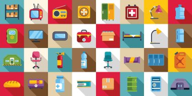 Sığınağın iç simgeleri ayarlandı. Bu sığınak ikonları savaş ya da doğal afetler sırasında hayatta kalmak için gerekli malzemeleri gösteriyor.