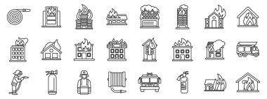 Yanan bina simgeleri ayarlandı. İtfaiyeci yangın söndürme tüpüyle yangın söndürme. Binayı, herhangi bir ağ, baskı, eğitim veya sunum projesi için uygun bir ikon yakma dizisinden koruma.