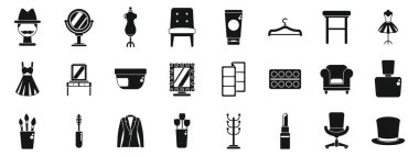 Sahne arkası tiyatro ikonları hazır. Moda tasarımcısı stüdyo ikonları seti. Beyaz arkaplanda izole edilmiş web tasarımı için basit moda tasarımcısı vektör simgeleri