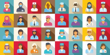 Doktor Avatars simgeleri ayarlandı. Çeşitli sağlık çalışanları modern ve kapsayıcı bir şekilde tıbbi personeli temsil ediyor.