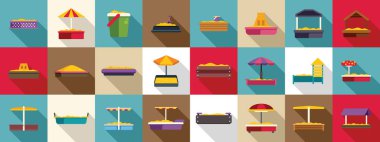 Kum havuzu simgeleri ayarlandı. Parkta veya avluda kumla oynayan çocuklar için farklı stillerde kum havuzları koleksiyonu