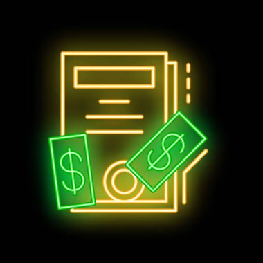 Sözleşme imzalanırken parlayan neon simgesi, bir belge, bir imza ve dolar banknotları