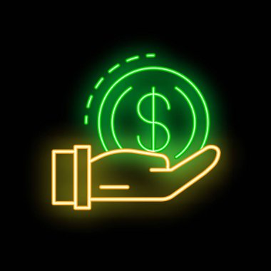 Para tutan bir elin neon işareti, finansal kavramları temsil ediyor.