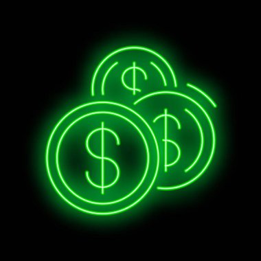 Siyah arka planda parlayan üç dolarlık para yığınını gösteren yeşil neon levha.