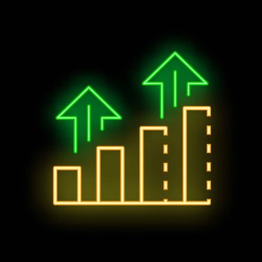 Neon çubuklar, siyah zemin üzerinde yeşil oklarla büyüyen grafikler, başarı kavramı, büyüme, evrim