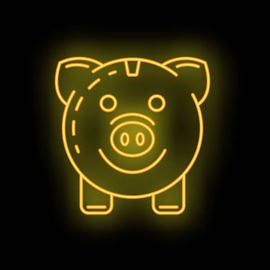 Siyah arka planda parlayan sarı neon domuz kumbarası tasarruf etmeyi temsil ediyor.