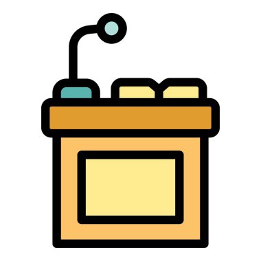Mikrofonlu ahşap bir podyumun basit bir simgesi. Konferansları, konuşmaları ve halka açık etkinlikleri temsil etmek için mükemmel.