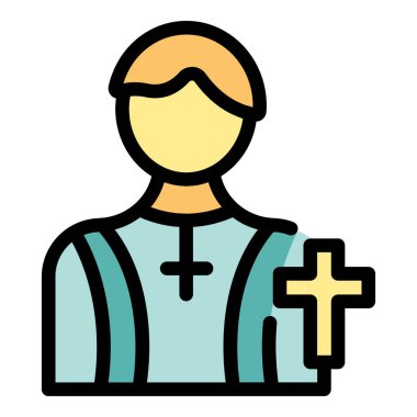 Bu renkli ikon, dini inancı ve dini bağlılığı simgeleyen önemli bir haçla cübbe giyen Katolik bir rahibi tasvir ediyor.