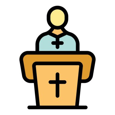 Elinde haçla kürsüde duran Katolik rahip ayin sırasında vaaz veriyor.