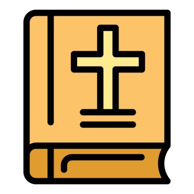 Kapağında altın bir Hristiyan haçı olan kapalı kutsal bir İncil 'in basit renkli vektör simgesi.
