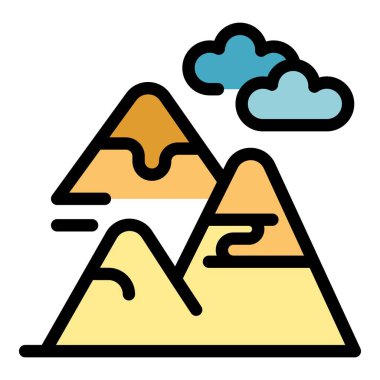 Bulutlu bir günde gökyüzüne uzanan dağ zirvelerinin yer aldığı minimalist vektör illüstrasyonu, doğa, seyahat ve macera ile ilgili projeler için mükemmel