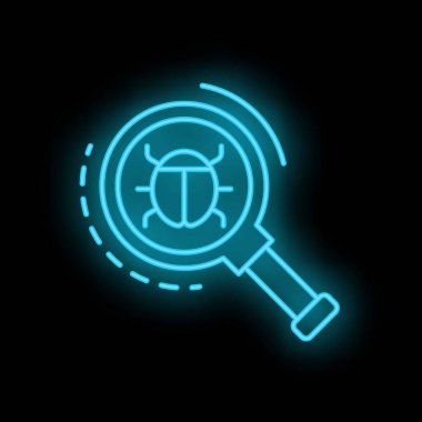 Hata ayıklama sürecini temsil eden bilgisayar hatası için büyüteç aramasının mavi neon simgesi