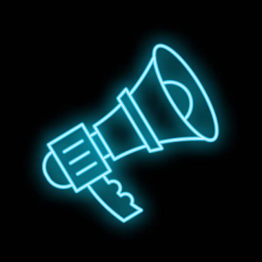 Koyu arka planda parlayan mavi neon megafon iletişim ve duyuruyu simgeliyor.