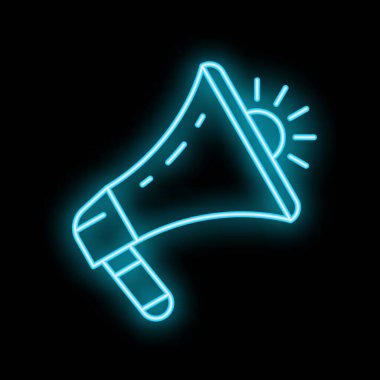 Siyah zemin üzerinde parlayan parlak mavi neon megafon, reklam, duyuru veya pazarlama kampanyası için harika.