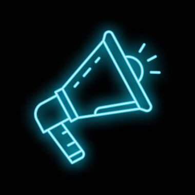 Mavi neon megafon parlak bir şekilde siyah bir arkaplanda parlıyor.