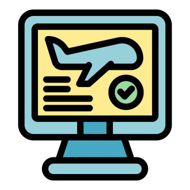 Online uçuş rezervasyonu kavramını temsil eden basit bir simge, bir uçak ve bir kontrol işareti gösteren bir bilgisayar ekranı