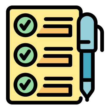 Bu renkli simge tamamlanmış, başarıyı ve verimliliği sembolize eden tüm ögelerin yer aldığı bir kontrol listesi tasvir eder