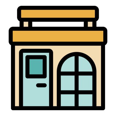 Kanopi ve pencereli küçük işletme binası cephesi, çizgi film stili vektör illüstrasyonu