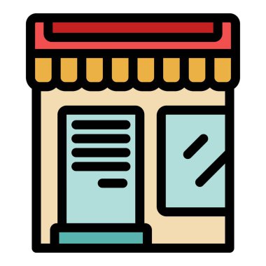 Çizgili güneşlik ve kapalı tabelalı küçük işletme vitrinleri müşterileri açılış saatleri hakkında bilgilendirir