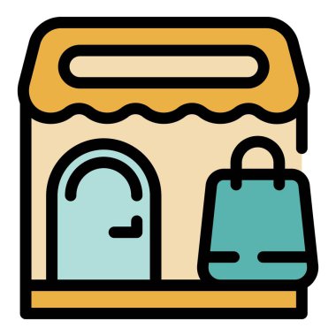 Alışveriş poşeti simgesiyle basit bir mağaza binası cephesi, yerel ticareti ve perakendeciliği temsil ediyor