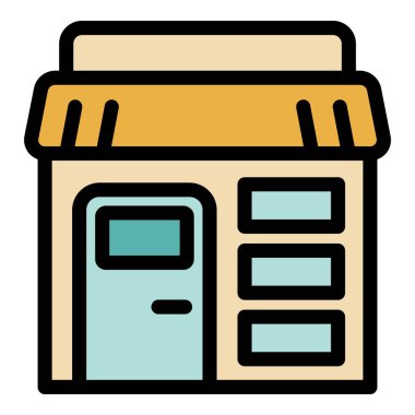 Pencereli ve kapılı küçük bir işletme mağazası cephesinin çizgi film vektör çizimi, girişimcilikle ilgili projeler için mükemmel