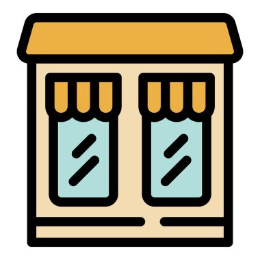 Pencereleri ve güneşliği olan küçük bir dükkan vitrininin basit simgesi