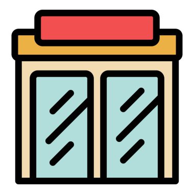 Basit mağaza ön simgesi, büyük pencereli ve tabelalı dükkan cephesi, beyaz arkaplanda izole