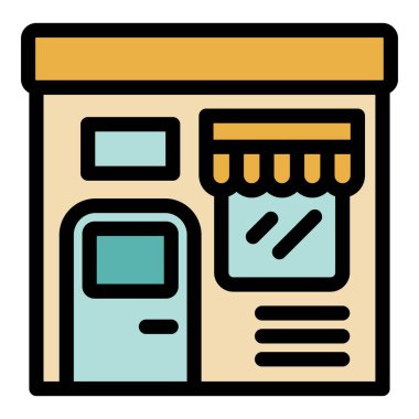 Renkli karalama tarzında tenteli ve kapalı tabelası olan küçük bir dükkan ön cephesinin basit simgesi