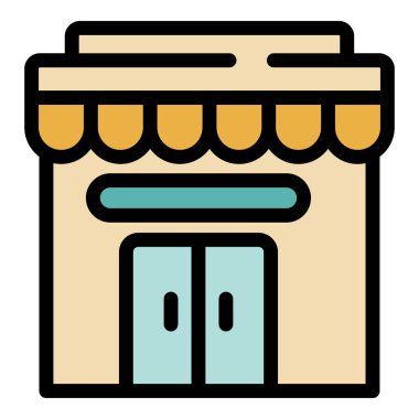 Kapalı kapıları olan yerel bir dükkan binası cephesi, ikon illüstrasyonu, tam taslak biçiminde