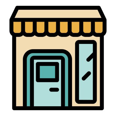 Tenteli ve cam kapılı küçük bir dükkan ön cephesinin basit düz vektör simgesi