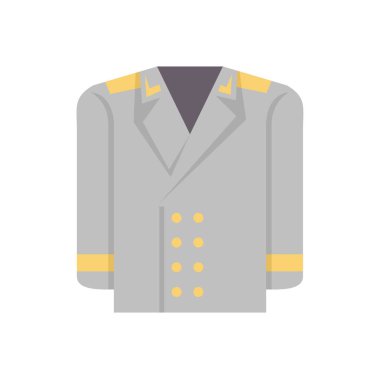 Sarı apoletli ve kelepçeli gri askeri ceket, çift göğüslü kapanış, otorite ve disiplinin sembolü.