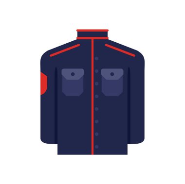 Üzerinde kırmızı detaylar, cepler ve düğmeler bulunan koyu mavi askeri tarzda bir gömlek, beyaz arka planda izole edilmiş.