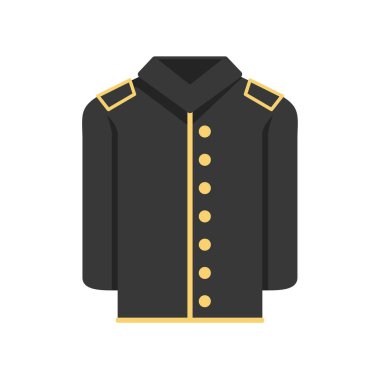 Beyaz arka planda altın düğmeleri ve apoletleri olan siyah askeri ceket.